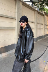 Schwarze Lederjacke für Damen mit langen Ärmeln und Reißverschluss